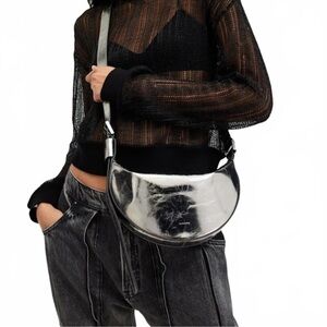NEW All Saints Half Moon Metallic Leather Crossbody Bag